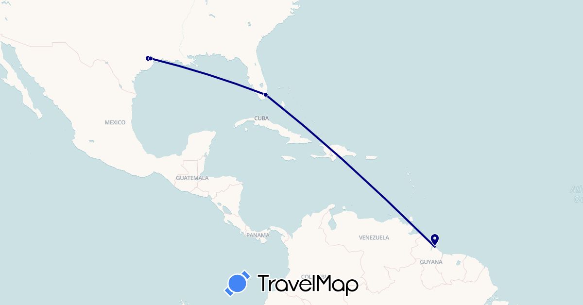 TravelMap itinerary: driving in Guyana, United States (North America, South America)